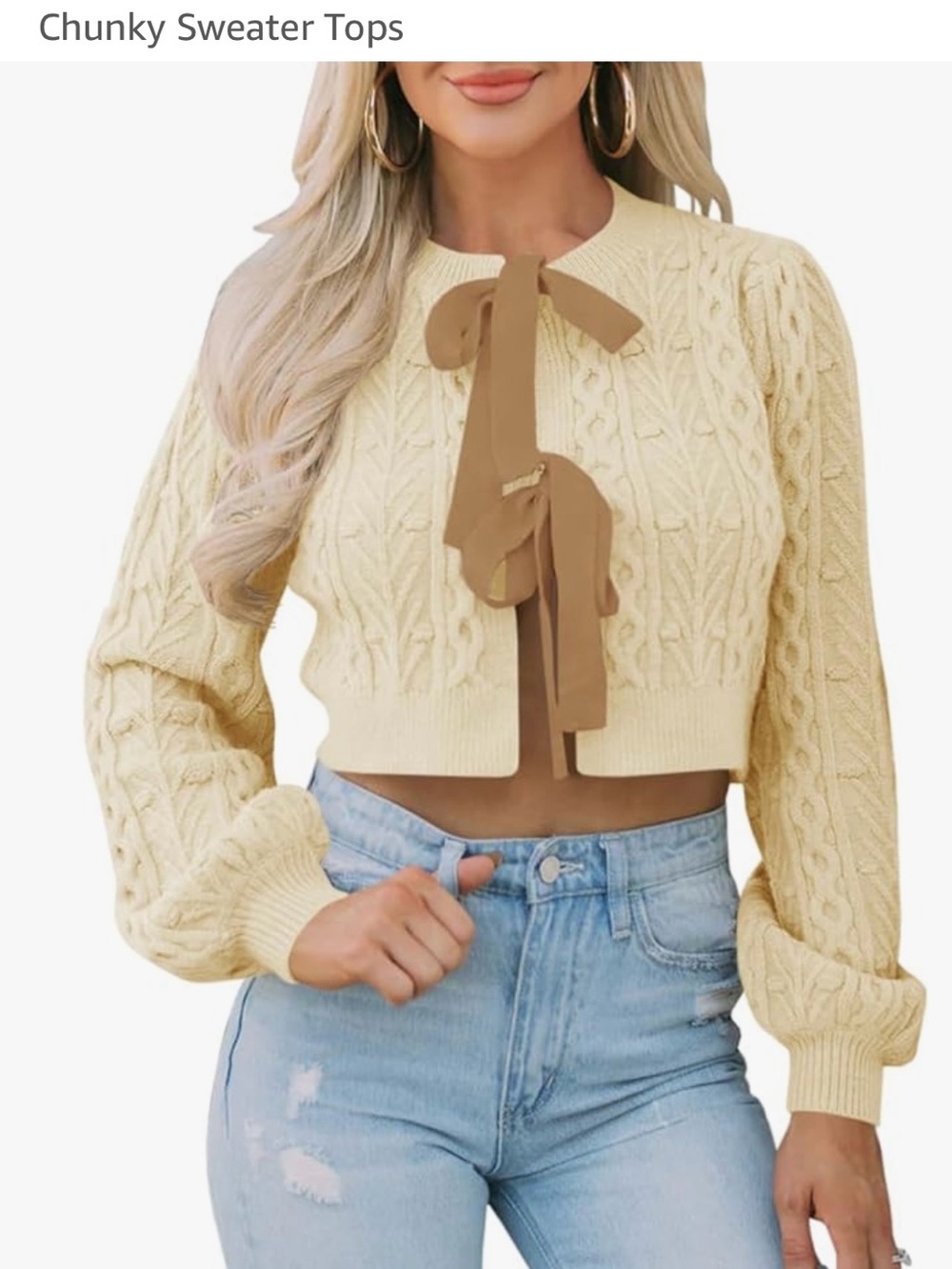 Cropped Cable-Knit Crewneck Sweater with Bow Tie in Cream